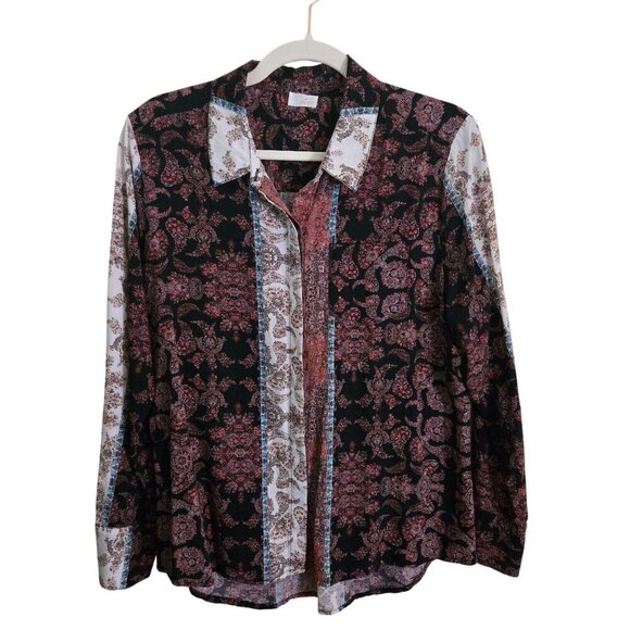 Ecru Patchwork Paisley Blouse Burgundy Cream Blue Patchwork Paisley Size L - Picture 1 of 9